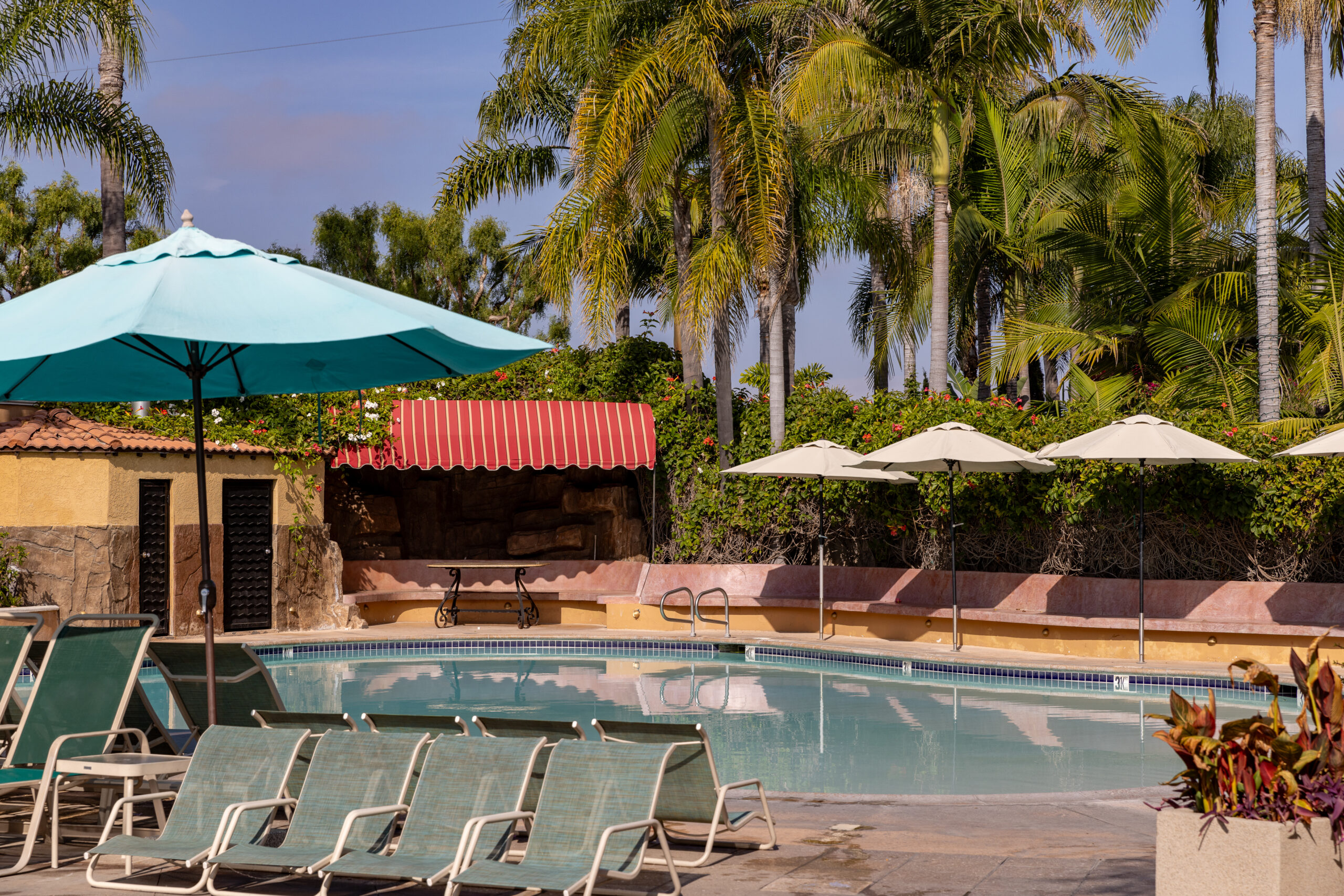 Shallow pool deck with lounge chairs, teal patio umbrellas, and palm trees
